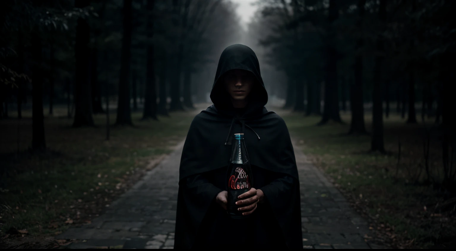 Generate a dark and mysterious image of a men wearing a hooded cloak. The person's face should be obscured and not visible. The person should be holding a Coca-Cola bottle in a subtle and intriguing manner. Emphasize the shadows and low light to create a mysterious atmosphere. Pay attention to the details and make the overall tone of the image quite dark, enhancing the enigmatic feel of the scene