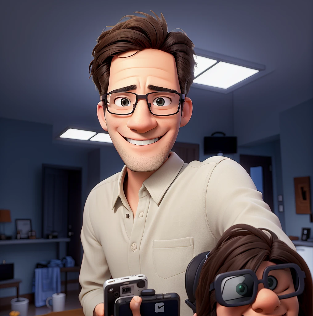 smiling man in glasses holding a cell phone in a room, 8k selfie photograph, selfie of a man, selfie shot straight on angle, looking straight to camera, wideangle portrait, smiling into the camera, looking to camera, happily smiling at the camera, selfie photo, shot on nikon z9, wide - angle portrait, looking straight into camera