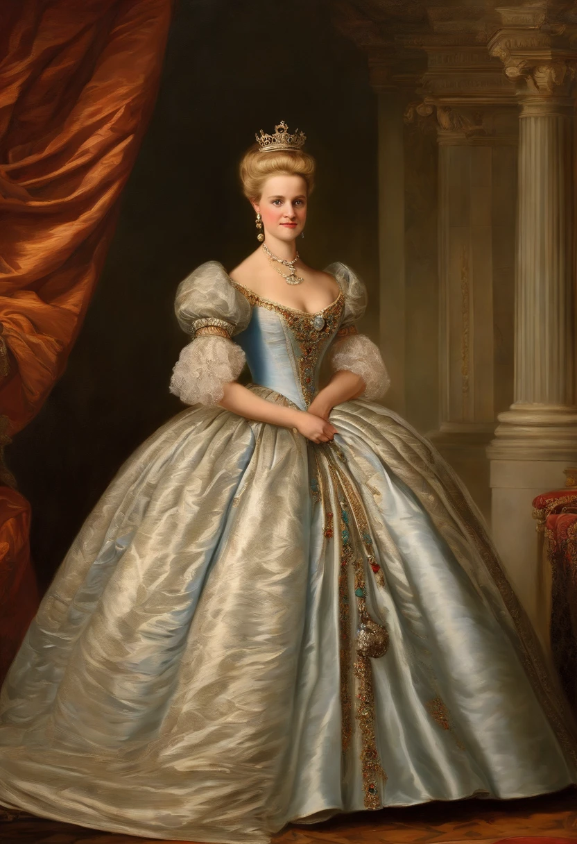 John Tenniel art, Formal and Official Coronation Portrait, Portrait of a stunningly beautiful young blonde Reese Witherspoon as a Queen wearing A Stately and Elaborate Royal Cinderella Court Gown with (((enormous puffed sleeves))), an hourglass waist, and a (((huge crinoline hoopskirt))) adorned with bows, embroidery, and jewels, long white gloves, pearl necklace and earrings