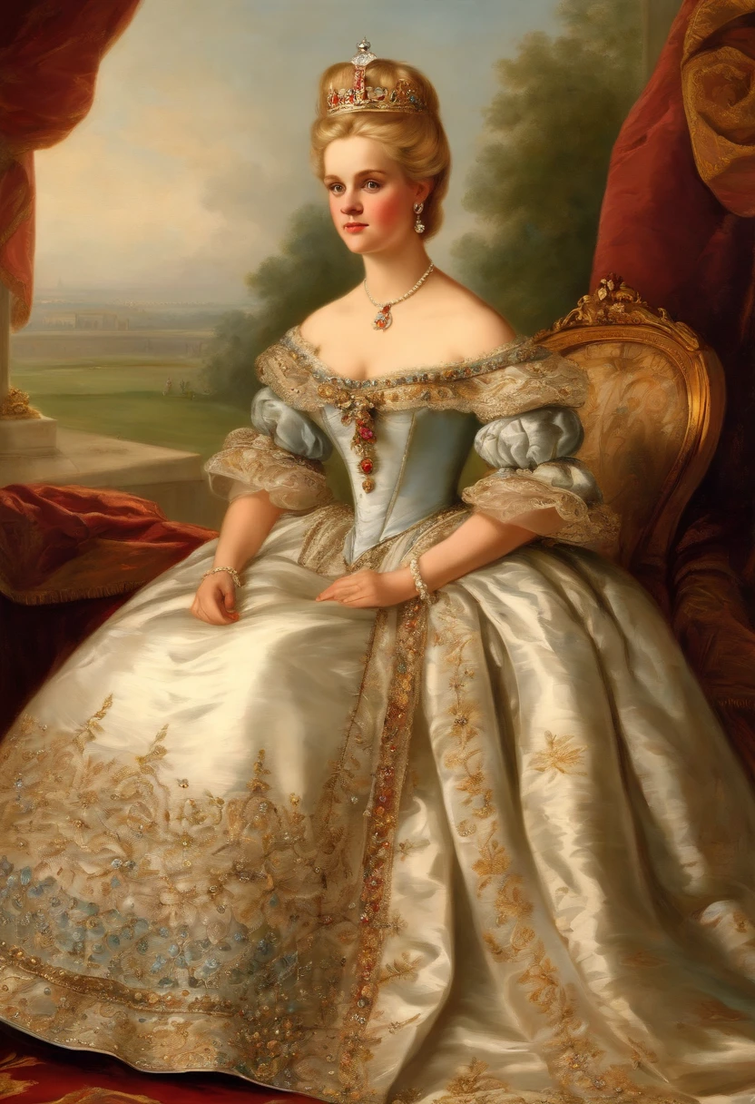 John Tenniel art, Formal and Official Coronation Portrait, Portrait of a stunningly beautiful young blonde Reese Witherspoon as a Queen wearing A Stately and Elaborate Royal Cinderella Court Gown with (((enormous puffed sleeves))), an hourglass waist, and a (((huge crinoline hoopskirt))) adorned with bows, embroidery, and jewels, long white gloves, pearl necklace and earrings