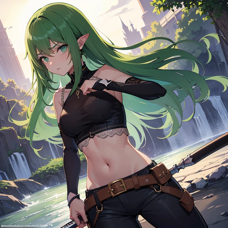 1 girl, solo, ((pecho mediano)), (abdomen cortado: 1.1), (cuerpo perfecto: 1.1), (cabello largo y liso: 1.2), ((pelo largo trenzado largo verde)), ((ojos verdes)), ((Olhos emitiendo un brillo verde.)), cuerpo completo, Nuestro, piel oscura, vistiendo una coraza de cuero antiguo extremadamente detallada y ricamente detallada, cosida y golpeada, pantalones cortos de cuero antiguos ricamente cosidos, wide belt dropped to the side, corpo fortemente marcado destacado e detallado, Image depicting an elven warrior after battle some scratches, marcas en el cuerpo, very serious and concentrated expression wandering along the river bank. (((enorme, Espada excesivamente detallada y fuertemente danificada en batalla))). (fondo de pantalla CG 8k extremadamente detallado), (extremadamente delicado y hermoso), (Pieza maestra), (La mejor calidad: 1.0), (ultrahigh resolution: 1.0), beautiful lighting, Perfect lighting, sombras realistas, [High resolution ], Piel detallada, ((textura de la piel)), super detallados