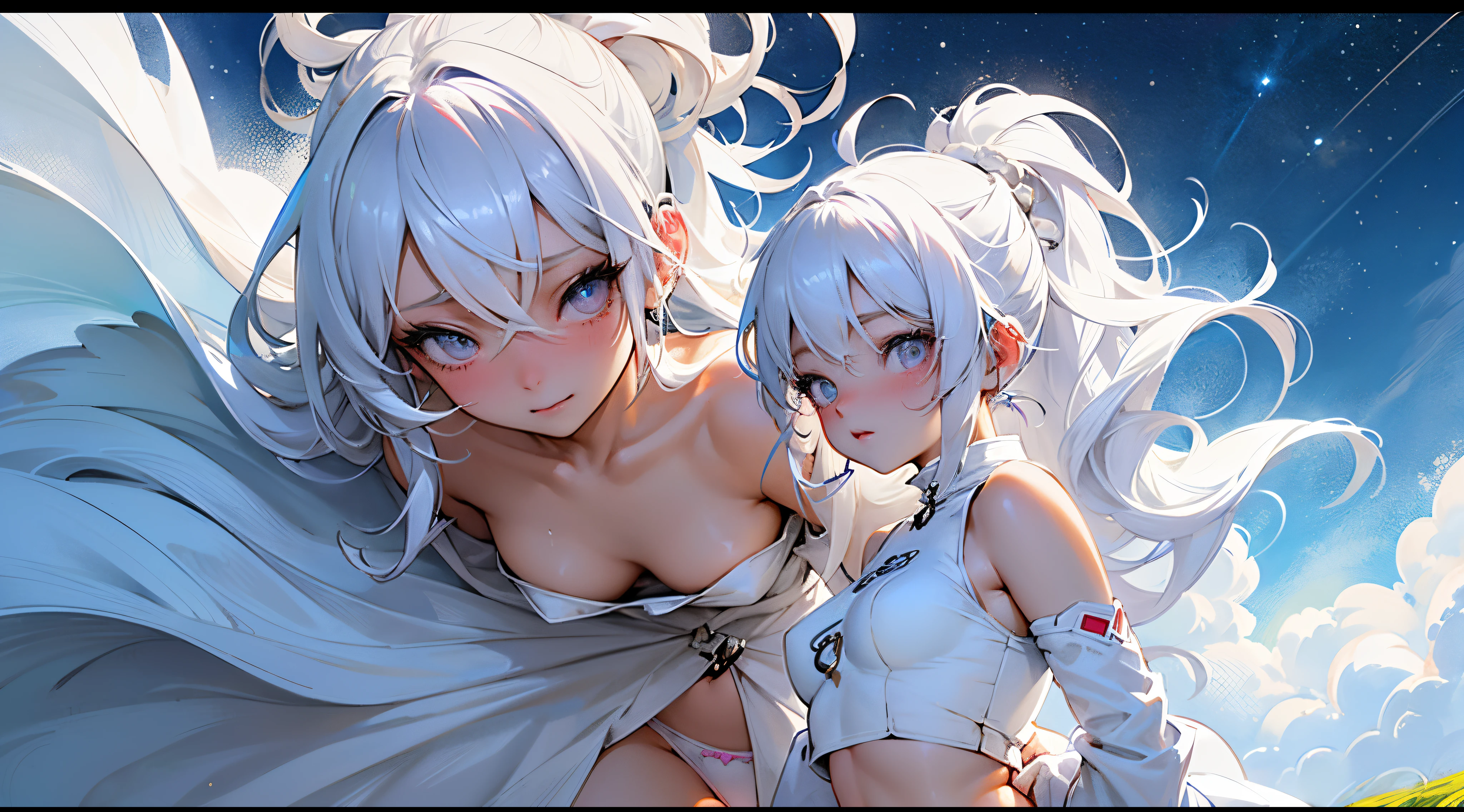 anime - style illustration of a woman with a  in her arms, guweiz on pixiv artstation, guweiz on artstation pixiv, guweiz, artwork in the style of guweiz, guweiz masterpiece, advertisement, nsfw, (((cloud white hair, cloudy hair, small breasts, panties,(close up) of breasts, hands on breasts))), nsfw, littl, small, micro, cloudium, clouds, cloud seeds, cloudium seeds, cloud bush, simple, cute, smily face, white circle happy, silly, adorable, farm, candy, sugar, cotton candy, white cloud hair, cloud hair, white hair, simple white eyes, navel, thighs, white panties, holding cotton candy, blasting cotton candy, explosion, nebula, white magic stars, cum, space, galaxy, starship, stars, perfect white haired girl, trending on artstation pixiv, girl with white hair, from arknights, from girls frontline