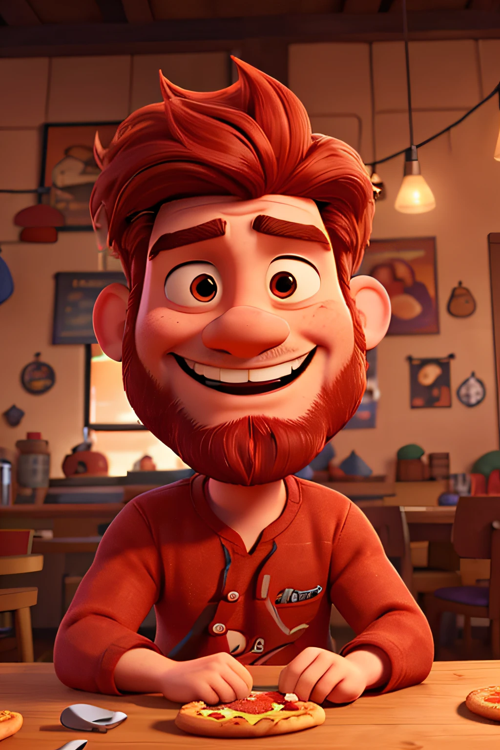 Pixar’s 3d style, a man with viking red-haired hair and beard, wearing a red cap, red sweatshirt, good-natured smile, holding a slice of pizza, Several people co-explosion of flavors, Pixar poster-style environment