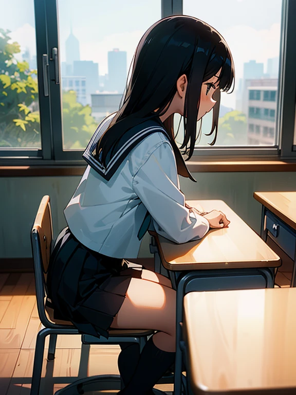 Best quality, (background is a school classroom), 1 girl, sitting on a school chair,((looking away:1.3)),(Not looking at the camera),((girl is looking at the window:1.3)), (girl is looking outside from the classroom window:1.3),outside is overcast,(classroom scene: 1.3), (During class:1.3),black long-sleeved sailor uniform, black pleated skirt, black hair, long hair, young girl, school desk