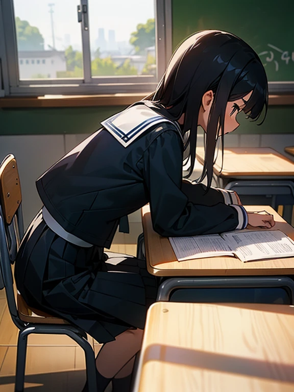 Best quality, (background is a school classroom), 1 girl, sitting on a school chair,((looking away:1.3)),(Not looking at the camera),((girl is looking at the window:1.3)), (girl is looking outside from the classroom window:1.3),outside is overcast,(classroom scene: 1.3), (During class:1.3),black long-sleeved sailor uniform, black pleated skirt, black hair, long hair, young girl, school desk