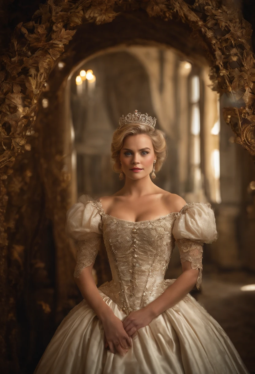 A woman in a white dress and tiable standing in front of a mirror ...