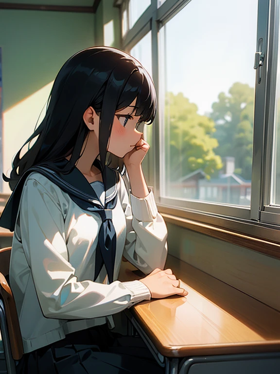 Best quality, (background is a school classroom), 1 girl, sitting on a school chair,((looking away:1.0)),(Not looking at the camera),((girl is looking at the window:1.3)), (girl is looking outside from the classroom window:1.3),outside is overcast,(classroom scene: 1.3), (During class:1.3),black long-sleeved sailor uniform, black pleated skirt, black hair, long hair, young girl, school desk