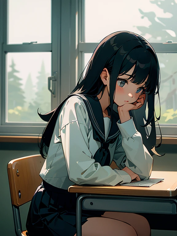 Best quality, (background is a school classroom), 1 girl, sitting on a school chair,((looking away:1.0)),(Not looking at the camera),((girl is looking at the window:1.3)), (girl is looking outside from the classroom window:1.3),outside is overcast,(classroom scene: 1.3), (During class:1.3),black long-sleeved sailor uniform, black pleated skirt, black hair, long hair, young girl, school desk