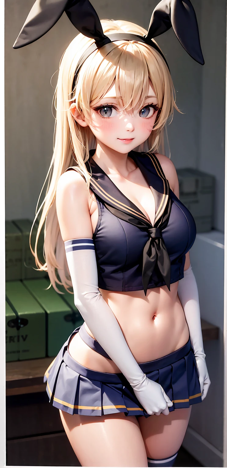 (masterpiece, best quality:1.2),illustration,8k,hd,1girl,solo,upper body,(portrait:1.2),long_hair,blonde_hair,elbow_gloves,underwear,striped_thighhighs,white_gloves,smile,navel,yellow eyes,highleg_panties,black_panties,anchor_hair_ornament,highleg,blush,school_uniform,crop_top,sailor_collar,hairband,hair_ornament,serafuku,miniskirt,pleated_skirt,blue_skirt,sleeveless,bare_shoulders,hair_between_eyes,grey_footwear,microskirt,midriff,neckerchief,collarbone,smug, small waist, slim waist, fit body, fit legs, toned legs, toned arms, fit arms, fit midriff, toned midriff, large breasts, huge breasts, giant breasts, muscular midrif, muscular arms, black panties, sixpack, cleavage