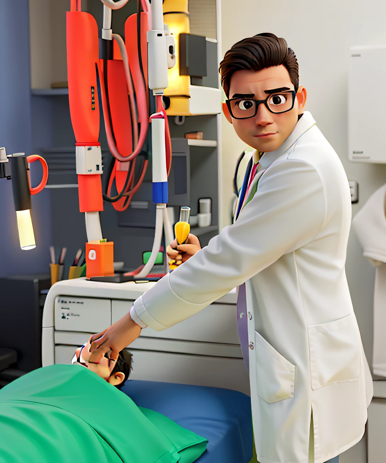 Young doctor standing in front, illuminated by the light of a lamp, contra o pano de fundo de um hospital