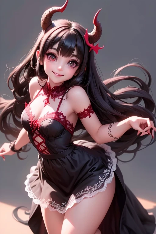 a (horned demon girl) smiling, wearing a lace cloth dress, black hair, red smokey eyes makeup, hair accesories, dynamic dancing pose, (full body), (((sfw)))