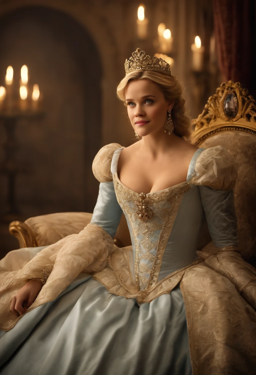 John Tenniel art, Formal and Official Coronation Portrait, Portrait of a stunningly beautiful young blonde Reese Witherspoon as a Queen wearing A Stately and Elaborate Royal Cinderella Court Gown with (((enormous puffed sleeves))), an hourglass waist, and a (((huge crinoline hoopskirt))) adorned with bows, embroidery, and jewels, long white gloves, pearl necklace and earrings