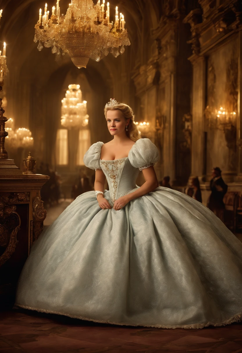 Tall and beautiful, but the beautiful queen is in her palace, her blonde hair is pulled back into a bun, She is wearing a magnificent azure satin ball gown with an extremely wide, flowing skirt, reminiscent of Cinderella's dress, decorated with crystals and precious stones, with a long blue royal cape, huge diamond crown,extravagant,Stylish,8 K,12K