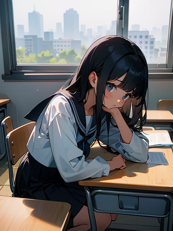 Best quality, (background is a school classroom), 1 girl, sitting on a school chair,((looking away:1.0)),(Not looking at the camera),((girl is looking at the window:1.3)), (girl is looking outside from the classroom window:1.3),outside is overcast,(classroom scene: 1.3), (During class:1.3),black long-sleeved sailor uniform, black pleated skirt, black hair, long hair, young girl, school desk