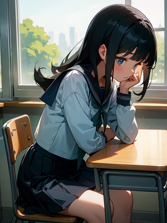 (masterpiece), (finest), (Super detailed), (very delicate and beautiful), (girl), classroom, , Sleeping face, sitting in a chair, arm extended upward, open your mouth, top angle, blue skirt