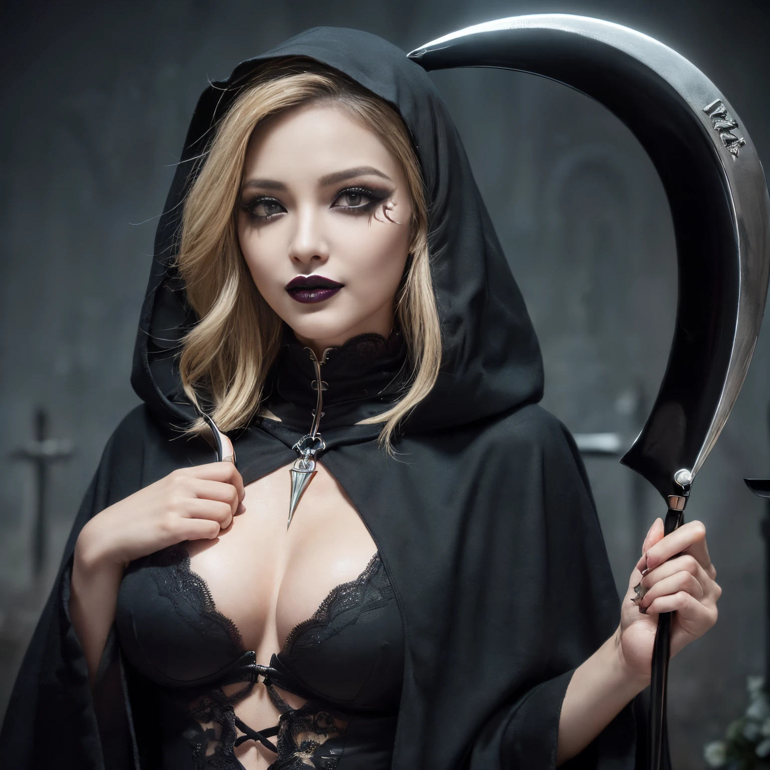 ((top-quality、masutepiece、8K、Top image quality、Very complex and detailed details))、(One Grim Reaper、one female grim reaper、beautiful Shinigami、evil and creepy、the most terrifying god of death)、(((has a very large sickle、Holds the grim reaper's scythe、luxurious sickle、I have a perfect sickle、has a real sickle、very intricate and detailed sickle、Very intricate and detailed sickle texture、Scary and realistic sickle、Huge blade、The background is a cemetery、Tomb Background、standing in the graveyard、Wearing a long black cloak、very high quality black cloak、Wearing a hood、All black costumes、Very high quality black clothing、very luxurious black hood、Black lips、Blacklip、Evil makeup、de pele branca、eyeshadows)))、(canny、the reaper as a scary、long、large full breasts、Perfect gas chamber、macabre smile、Take a photo above from your lap)