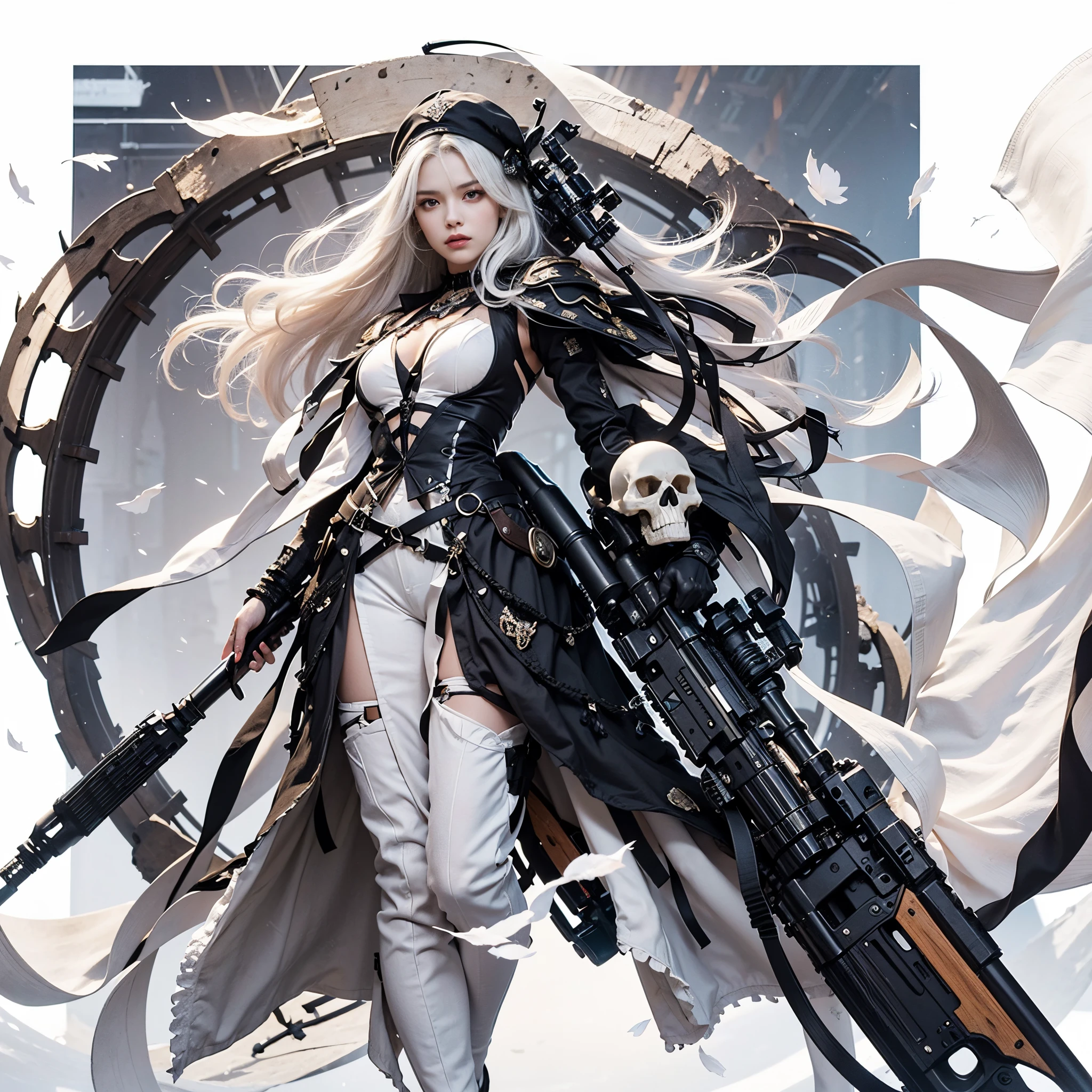 High quality, masterpiece with intricate details. prefect face, a close-up of a young woman with white hair with a gun in her hand. sword, wears white clothes with skull decoration. pixiv contest winner, gothic art, of a sniper girl in war, a beautiful white girl cyborg, reaper, anime character; full body art