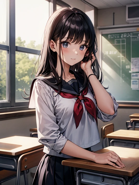 Best quality, (background is a school classroom), 1 girl, sitting on a school chair,((looking away:1.0)),(Not looking at the camera),((girl is looking at the window:1.3)), (girl is looking outside from the classroom window:1.3),outside is overcast,(classroom scene: 1.3), (During class:1.3),black long-sleeved sailor uniform, black pleated skirt, black hair, long hair, young girl, school desk