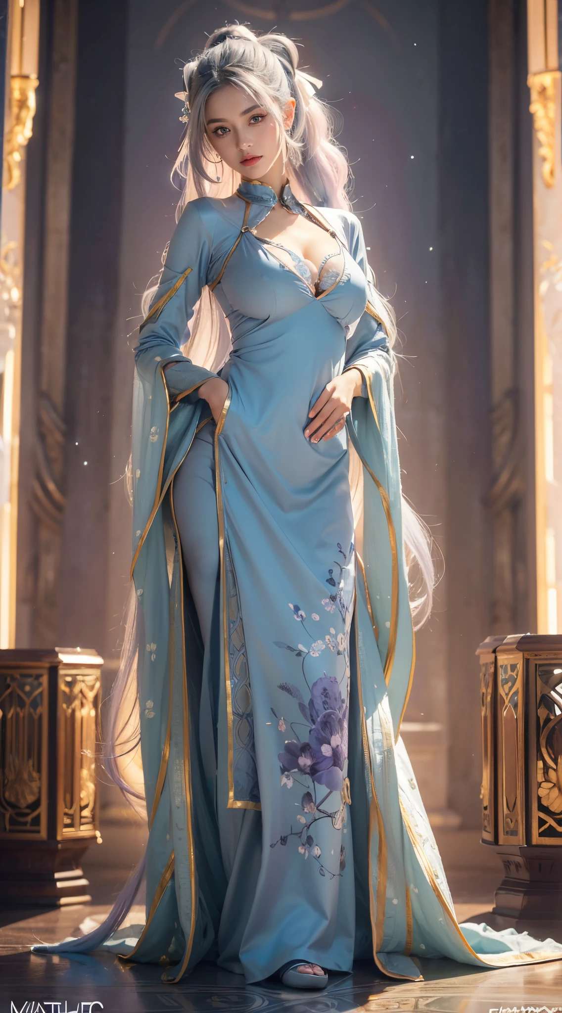 (Numerous award-winning masterpieces, with incredible details), ((Extremely beautifull face)), (extremely detailed realistic face features), (beutiful purple grey eyes), ((finely detailed true circle Symmetrical purple grey eyes)), (She has a meloncholic face), (A majestic sight), long silver hair that faids to pastel blue colored hair, (big breasts: 1.8), anatomic, small wraist with big hips, silver blue hair, very long hair, perfect five fingers, perfects hands