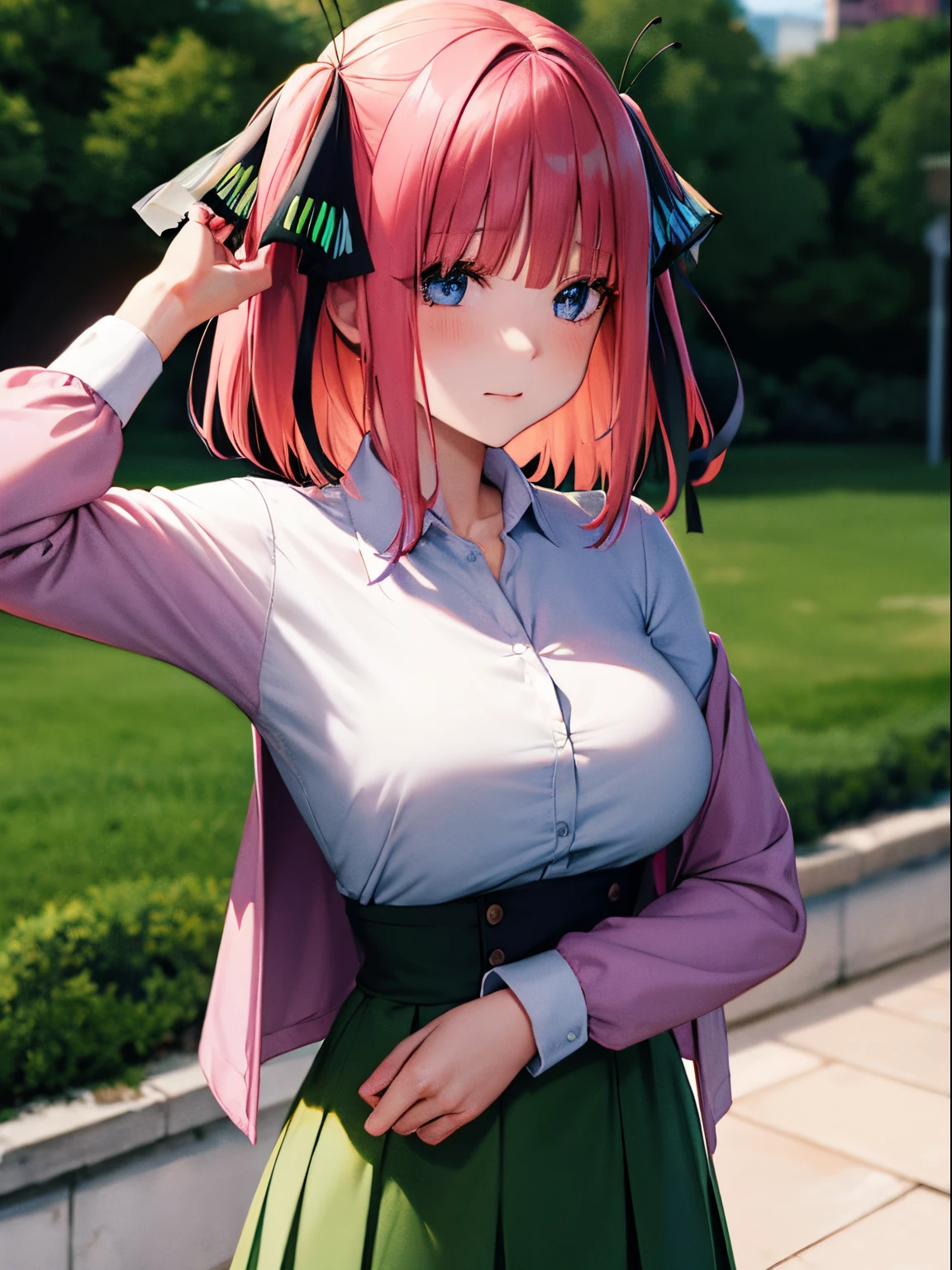 masterpiece, best quality, ultra-detailed, glistening shiny, glowing light, ray tracing, HDR, deph of field, (perfect face, detailed face, detailed eyes,perfect hands),(medium boobs:1.2),8k,HD,ultra realistic face,ray tracing,perfect lighting,best quality, ultra-detailed, shiny eyes, (looking at viewer,open mouth smile:1.1), ((1girl)), (mature female:1.4),cowboy shot,thighs,huge breast,
miku,long hair,((gradient hair)),multicolored eyes, gradient eyes, (glowing eyes:1.5), mascara, (fashion make up), parted lips,blush,skirt,shirt,long sleeves,white shirt, pantyhose,pleated skirt, collared shirt, black pantyhose, petals, headphones, cardigan, green skirt, between legs, hand between legs, headphones around neck, blue cardigan, hand on headphones,
(:1.1, neons, night,cherry trees, flying cherry blossom petals,moon,japanese architecture, japanese lamps)),(complex background, many elements in the background:1.2),((super detailed background)), mistress poses, ((8k wallpaper)), 