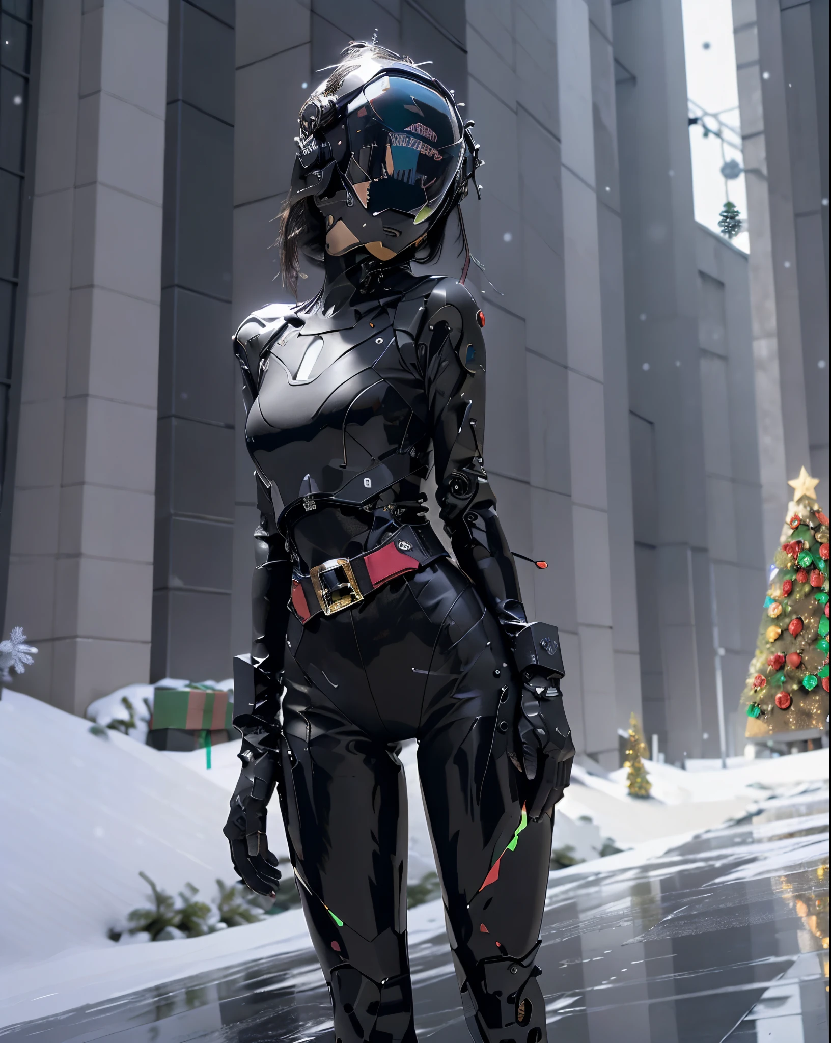 solo, Raw photo, realistic, masterpiece, best quality, high resolution, ultra detailed, official arts, 8K wallpaper, official wallpaper, 1girl, 1female, helmet, little clothing, tiny thong, short black and tight bodysuit, leather, (large breasts), neckline, thin waist, wide hips, night, moonlight, cybernetic motorcycle gloves, (unpacking clothes), innerboob, sensual pose, (a person in a cyberhelmet of the future), cyberhelmet, fantastic, cybernetic, reflections in dark glass and plastic, fullbody, lines of motion, buttom up top down, (curved), hyper detailed, neon lights, neon colors, cyberpunk, reflections, bright, sparks, detailed arms, detailed fingers, detailed bare legs, dark background, (tilted forward and down), seductive pose, sexy vision, fiber optic hair wires and electrical cables, ((christmas theme:1.5)), (snowing)