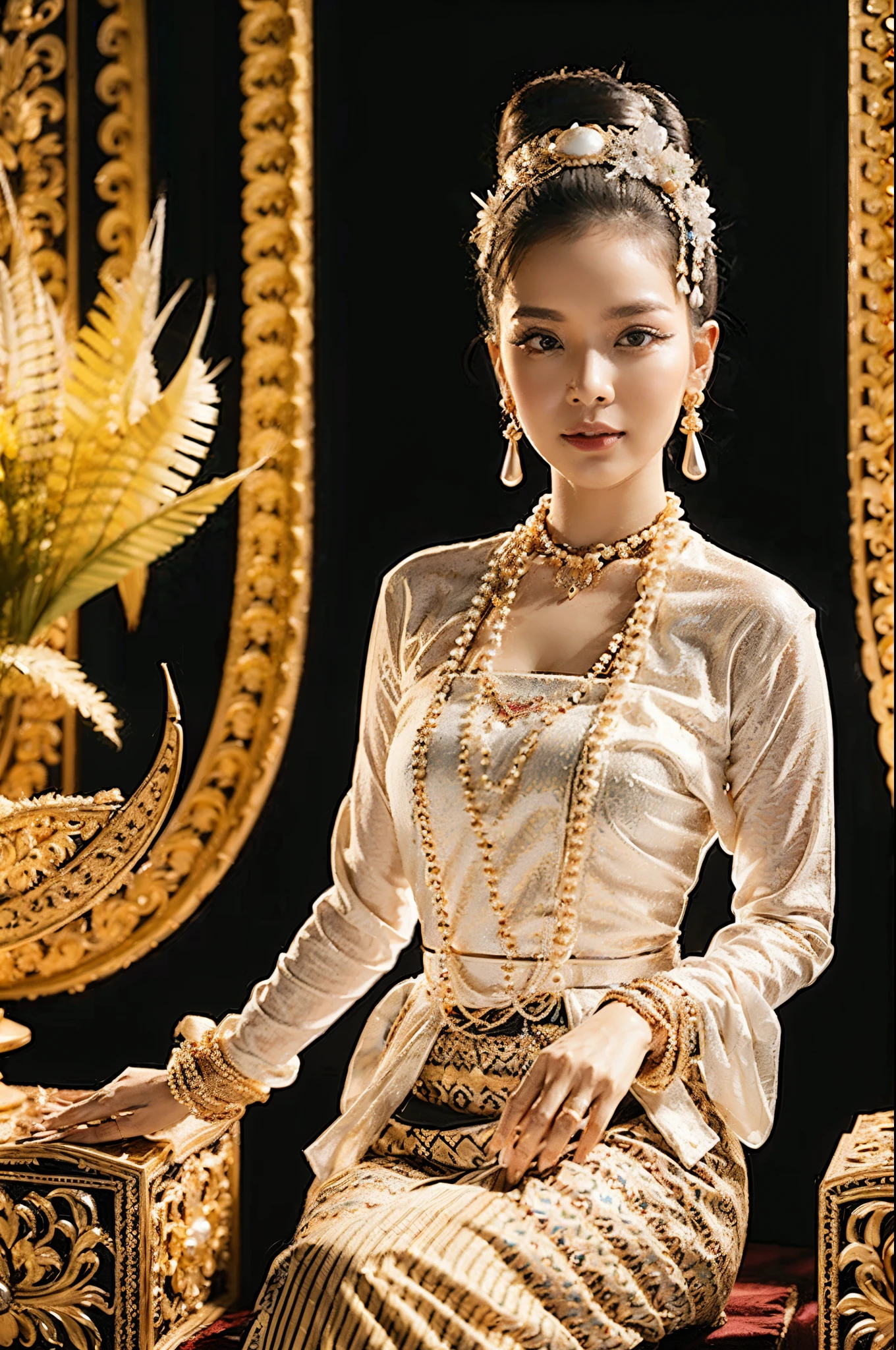 MMTD BURMESE PATTERNED TRADITIONAL DRESS WEAR BEAUTIFUL queen,WEAR PEARL NECKLACES AND GOLD BRACELETS,FULL BODY DETAILS BEAUTY, sitting in royal manner on the long golden traditional throne in golden palace, Myanmar traditional hair style,best composition, full view covered shot, cenimatic lightning and ultra realistic details, octane rendering, unreal engine, sharp focus,32k ,UHD resolution