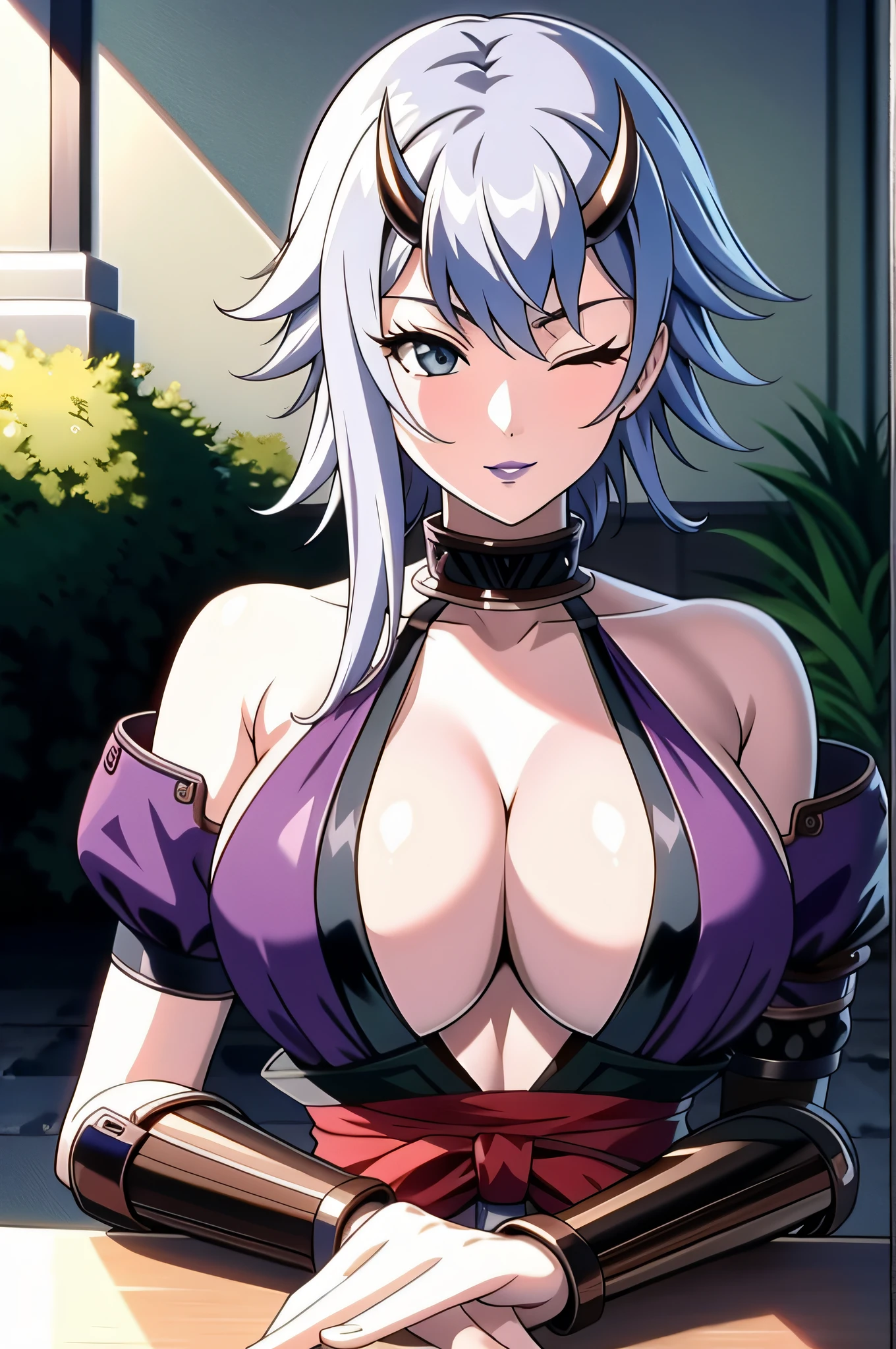 perfect eyes:1.2, detailed eyes:1.4, shizuka, lying, closed eyes:1.2, arms behind head, sleeping, on grass, lilac lipstick, pale skin, grey hair, ninja, japanese armor, tunic, .single shoulder pad, obi, bracer, cleavage, 1girl, solo, (masterpiece:1.6, best quality), 8k, insane details, intricate details, hyperdetailed, hyper quality, high detail, ultra detailed, professional, HDR, ray tracing reflection, cinematic lighting,