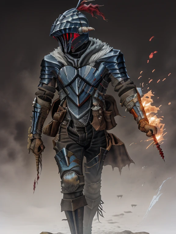 obra-prima, melhor qualidade, retrato de goblin slayer, 1boy, olho flamejante, armadura, capacete, armadura preta, sangue, armadura completa, brilhante, olho brilhante, capacete, cavaleiro, foco masculino, pluma, solo, com sangue