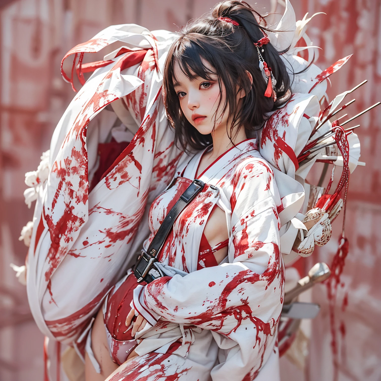 Masterpiece、Highest quality、Realistic photos、Thick Fog、A beautiful Japanese girl in a very elaborate red kimono、((((Holding a pure white skull、one Skeleton hugging))))、(((She spreads her legs to show her beautiful vagina)))、((Red background))