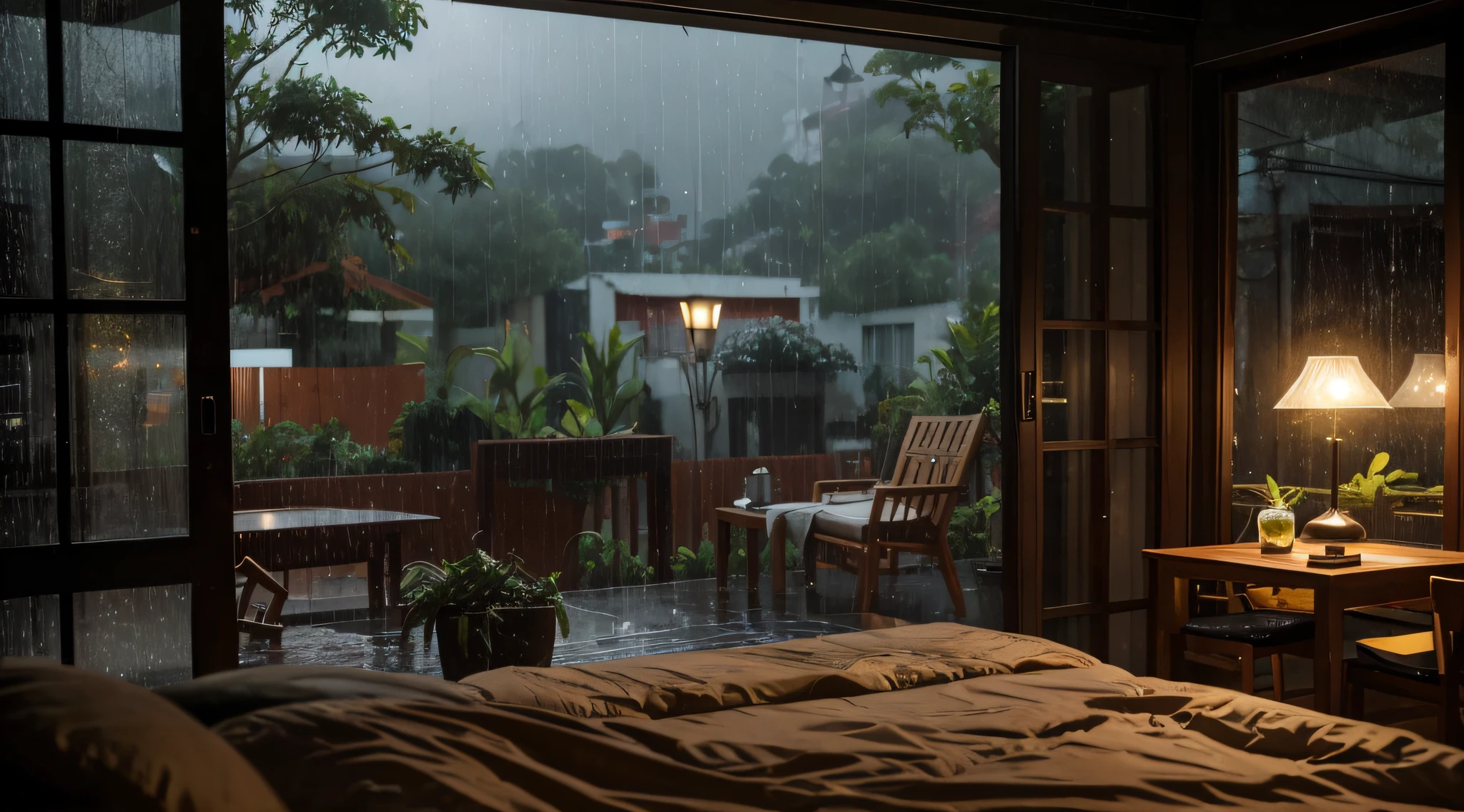 arafa view of a room with a bed and a lamp, rainy day outside, noite chuvosa, rainy outside, noite chuvosa, raining outside, tarde chuvosa, chovendo fora da janela, chovendo tarde da noite, raining at night, Clima chuvoso, ambiente acolhedor e tranquilo, lugar aconchegante, it is raining outside the window, dentro em um dia chuvoso, chuva caindo, cena chuvosa