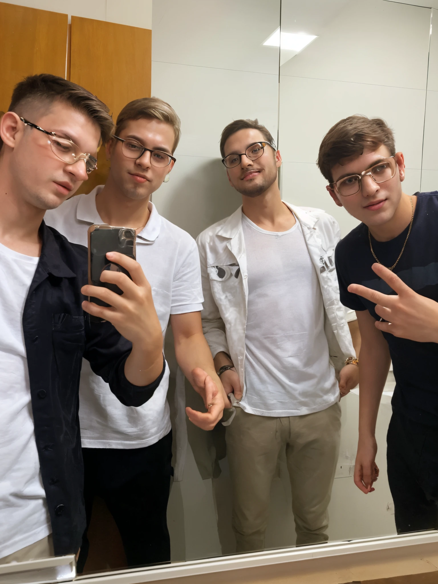 Four friends in a mirror in party clothes and one of them wears glasses