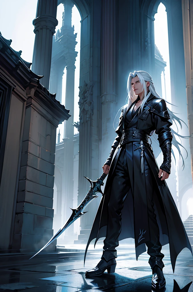 《final fantasy》Extremely detailed illustrations of Sephiroth，he was dressed in black，looking towards the horizon, Full body lesbian, Incredibly detailed, perfect shadow, Dynamic background, hyperrealistic painting style.