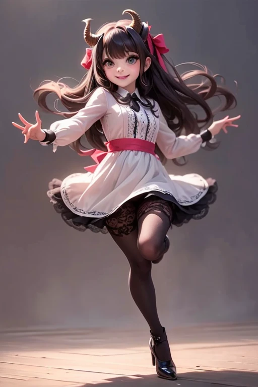 a (horned demon girl) smiling, wearing a lace cloth dress, black hair, red smokey eyes makeup, hair bow, tights, dynamic dancing pose, (full body), (((sfw)))