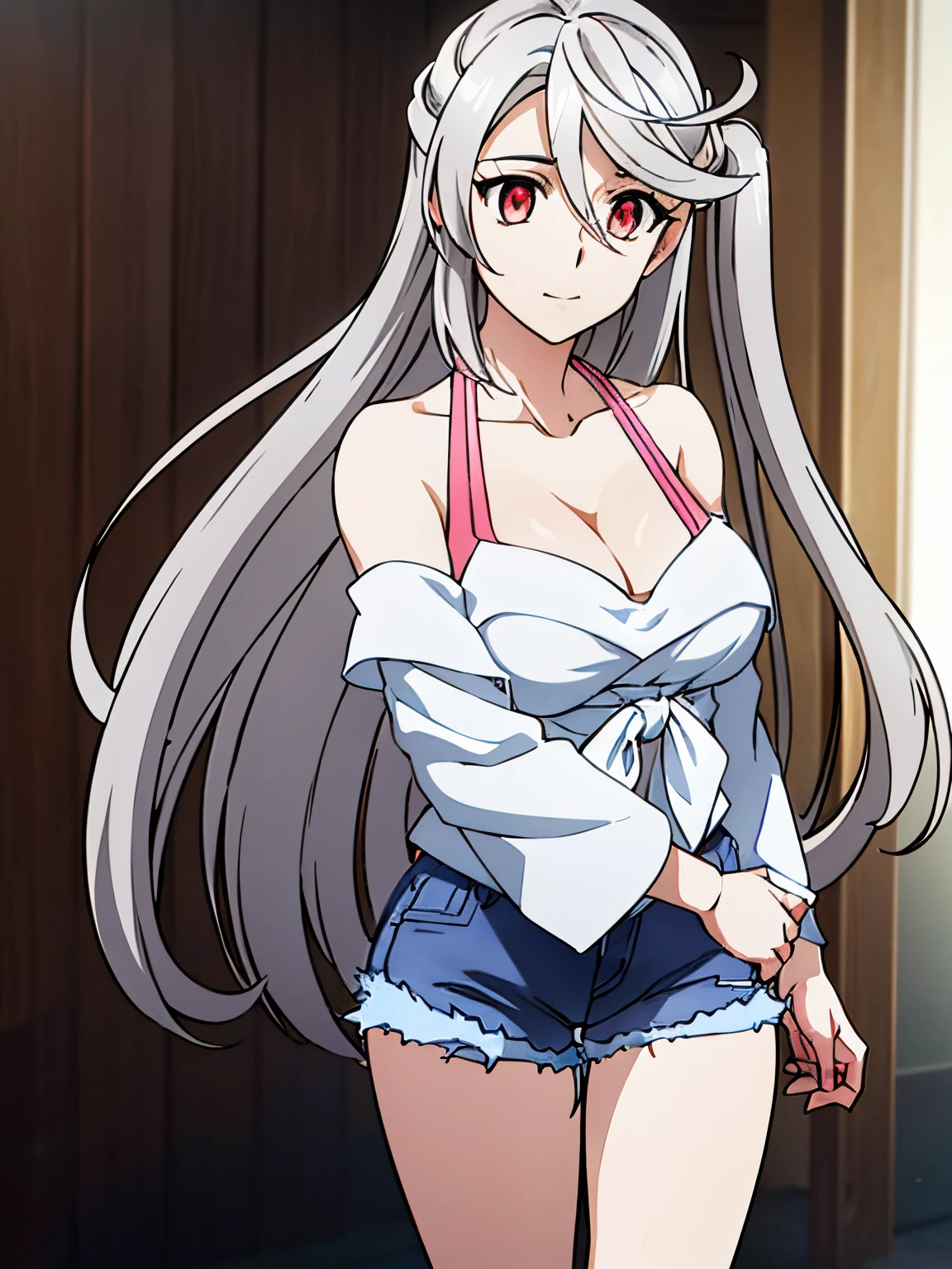 ((full body image)), cowboy shot,  collarbone, off shoulder,black tank top, denim shorts,tied shirt, cleavage, 
white hair,very long hair, red eyes,bangs
1 girl, 20yo,Young female,Beautiful figure, ,Beautiful long legs,Beautiful body,Beautiful Nose,Beautiful character design, perfect eyes, perfect face,expressive eyes,perfect balance, cleavage, 
looking at viewer),closed mouth, (innocent_big_eyes:1.0),(Light_Smile:0.3),
official art,extremely detailed CG unity 8k wallpaper, perfect lighting,Colorful, Bright_Front_face_Lighting,White skin,
(masterpiece:1.0),(best_quality:1.0), ultra high res,4K,ultra-detailed,
photography, 8K, HDR, highres, absurdres:1.2, Kodak portra 400, film grain, blurry background, bokeh:1.2, lens flare, (vibrant_color:1.2),professional photograph,
(Beautiful,large_Breasts:1.4), (beautiful_face:1.5),(narrow_waist),