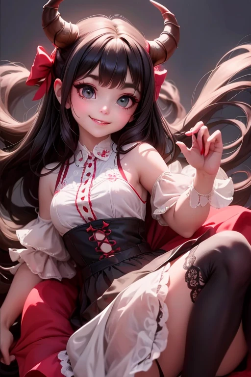 a (horned demon girl) smiling, wearing a lace cloth dress, black hair, red smokey eyes makeup, hair bow, hosiery, dramatic magic floating pose, (full body), (((sfw)))