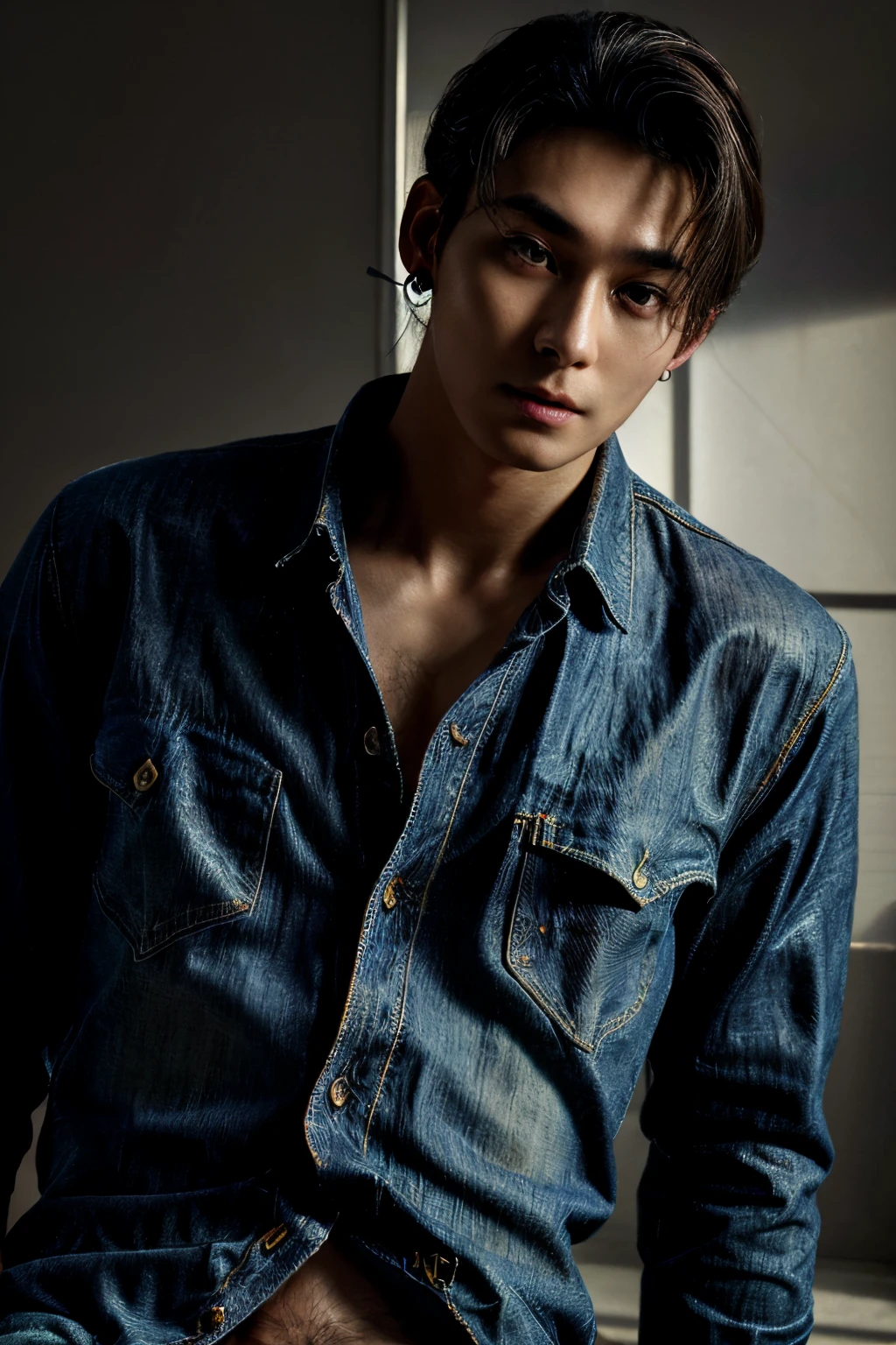 ((masterpiece)), ((bestquality:1.2)), high-res, 10, (ultra_Realistic:1.3), (photorealistic portrait:1.4), (Absurd), crisp focus, high-detail, (High Quality), (masterpiece), A handsome men, korea, 25 years old, Normostenic, (doctor's coat:1.2), (Unbuttoned dress:1.2), naked body, ((Tight Jeans:1.2)), ((pubic hair:1.3)), (earings:1.3), green eyes, muscular, thin, Abs, short light gray hair, ((Full body:1.3)), Soft light, face lights, rim lights,