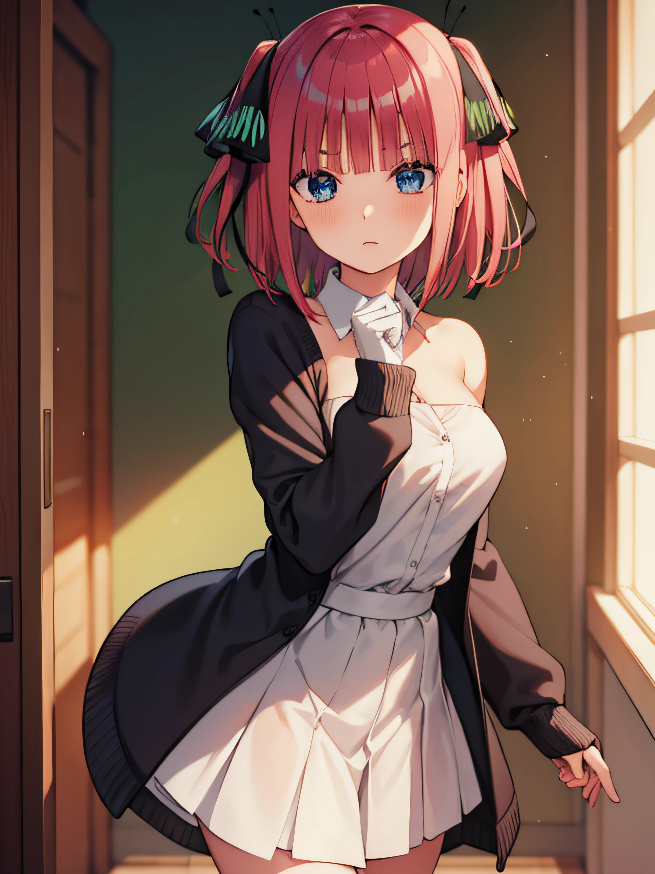ninonakano, nino nakano, short hair, bangs, blue eyes, hair ornament, hair ribbon, pink hair, blunt bangs, two side up, butterfly hair ornament, BREAK skirt, shirt, long sleeves, white shirt, pleated skirt, open clothes, collared shirt, sleeves past wrists, dress shirt, cardigan, green skirt, open cardigan, black cardigan,, BREAK indoors, classroom, school, BREAK looking at viewer, BREAK (masterpiece:1.2), best quality, high resolution, unity 8k wallpaper, (illustration:0.8), (beautiful detailed eyes:1.6), extremely detailed face, perfect lighting, extremely detailed CG, (perfect hands, perfect anatomy), nino nakano, short hair, bangs, blue eyes, hair ornament, hair ribbon, pink hair, blunt bangs, two side up, butterfly hair ornament,
nino nakano, long hair, bangs, blue eyes, hair ornament, hair ribbon, pink hair, blunt bangs, two side up, butterfly hair ornament,
nino nakano, short hair, bangs, blue eyes, pink hair, blunt bangs, ponytail,
skirt, shirt, long sleeves, white shirt, pleated skirt, open clothes, collared shirt, sleeves past wrists, dress shirt, cardigan, green skirt, open cardigan, black cardigan,
gloves, dress, cleavage, bare shoulders, collarbone, elbow gloves, white gloves, white dress, strapless, tiara, veil, strapless dress, wedding dress, bridal veil,
white shirt, apron, red skirt, chef, red apron,