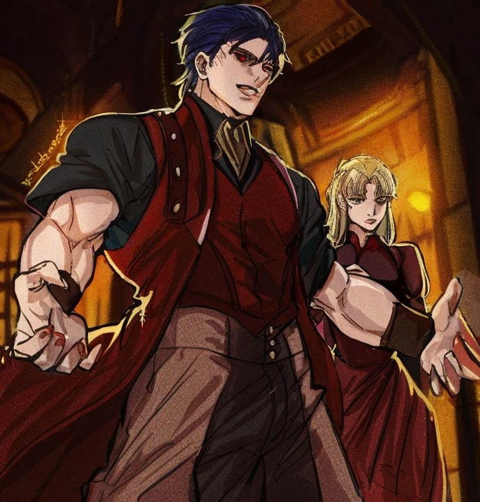 um desenho animado de um homem e uma mulher em um vestido vermelho, joseph joestar, filho de sparda, cara bonito na arte demon slayer, Castelvânia, Estilo Berserk, Da Cryptid Academia, fanart oficial, Estilo de arte Berserk, Machiavellian puppets;, vampiros de anime, Carmilla Vampiro, de berserk, Parte Brando, fanart de alta qualidade
