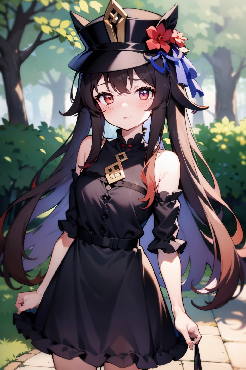 1girll,HuTao,Masterpiece,Best quality,Black tiara,dress,Hats,outside,ln the forest