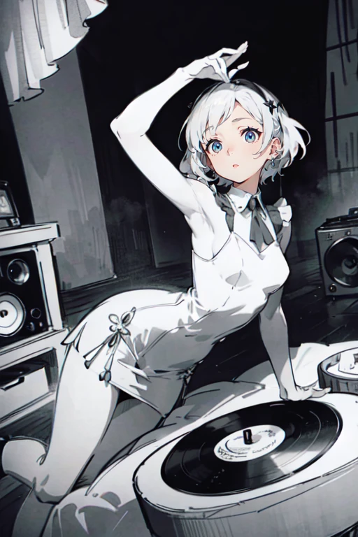 a room、 top-quality, Poses, Correct anatomy, Beautiful body curves, Sketch beech, Daily Draw, vestments, Pencil、black-and-white、monochromes、woman playing a record、Vintage、Wearing a dress