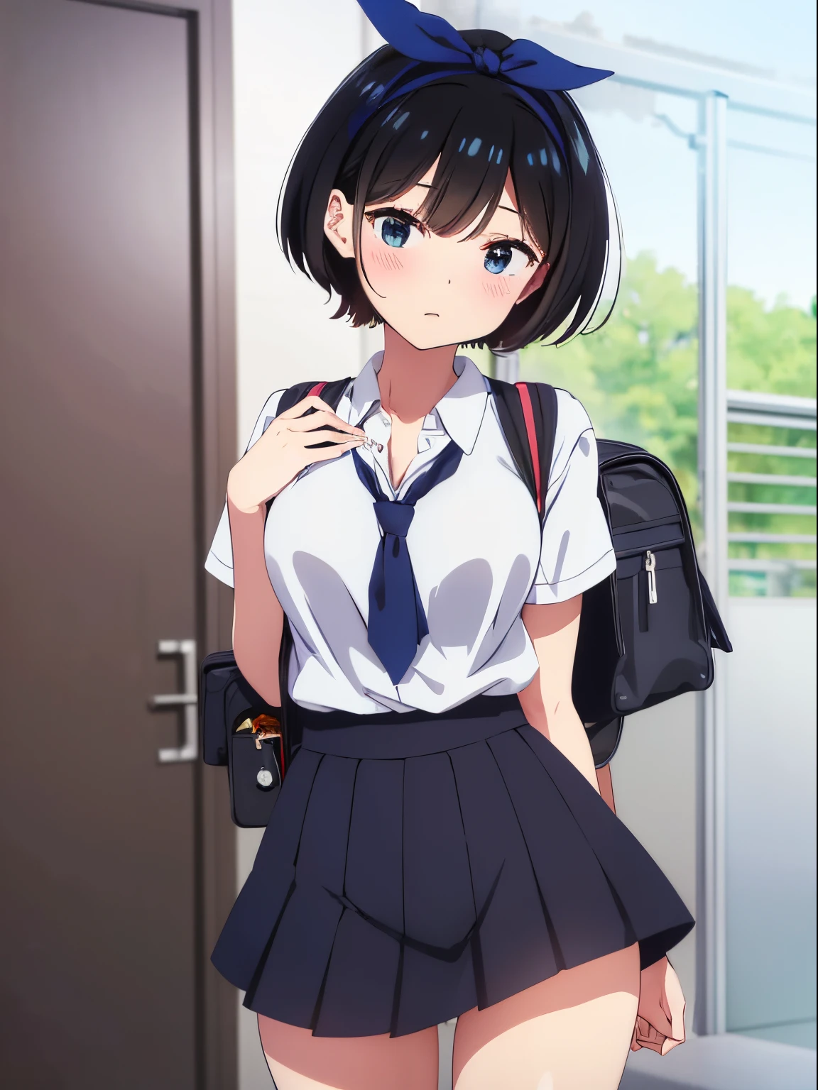 Anime girl in uniform with backpack in school hallway, an anime drawing inspired by Ma Yuanyu, trending on pixiv, serial art, anime moe art style, Anime visuals of cute girls, beautiful anime high school girl, Smooth Anime CG Art, Realistic Schoolgirl, magical school student uniform, a hyperrealistic schoolgirl, Official art, ultra-detailliert、​masterpiece、top-quality、超A high resolution、8K high image quality、Photogenic clarity、A detailed eye、gradients、perfect anatomy body proportions ,hard disk、nffsw , Nikon Z9 80mm Lens , masutepiece、Model Standing、(((Minuscule panties、Small micro panties、Pubic hair can be seen through the lace of the panties)))、(((Panties are lace pale pink panties.)))、(((Dark blue school uniform、White blouses、Cute white white short sleeve blouse with ribbon、short loose socks、dark brown loafers)))、(((See all panties)))、(((The skirt is definitely worn)))、(((Lift skirt hem)))、Sit in a triangle with your thighs slightly inward、panties focus、too bright natural light、Sunshine、Detailed lace panty pattern、Plain white panties、(((Lifting skirt while standing to show off panties to camera)))、(((Beautiful alignment and snow-white teeth)))、(((Lift the skirt bigger and bigger、Show your panties to the camera)))、The most popular and beautiful employees of the company、Ultra slim body Gcup bust、Body shape of slim model、Beautiful posture、Spring outdoor、During the School Cultural Festival、Lots of people、