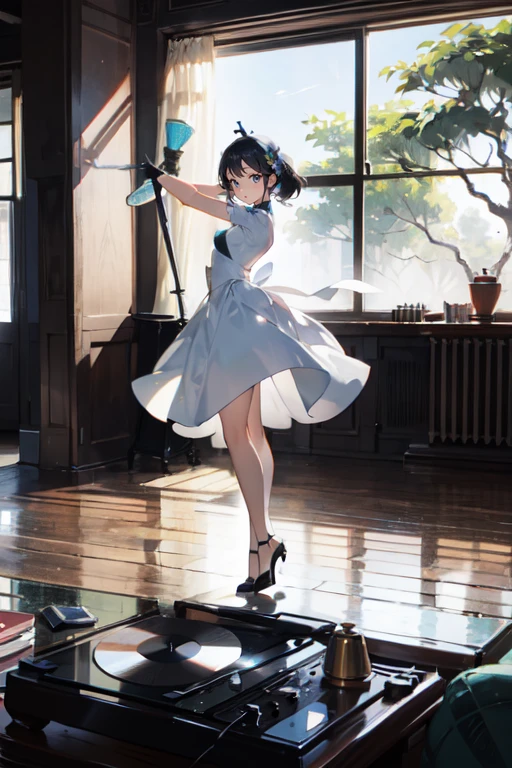 a room、 top-quality, Poses, Correct anatomy, Beautiful body curves, Sketch beech, Daily Draw, vestments, Pencil、black-and-white、monochromes、woman playing a record、Vintage、Wearing a dress