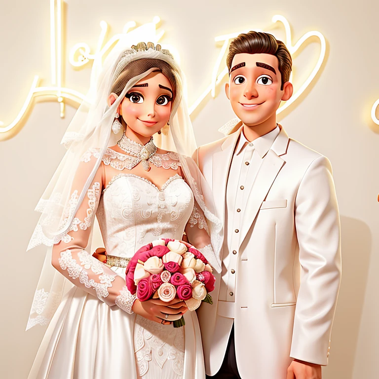 bride and groom pose for a picture in front of a neon sign, bride and groom, happy couple, lovely couple, wedding photo, in front of white back drop, wedding, ameera al taweel, couple, taken with canon 5d mk4, ameera al-taweel, riyahd cassiem, couples portrait, couple portrait