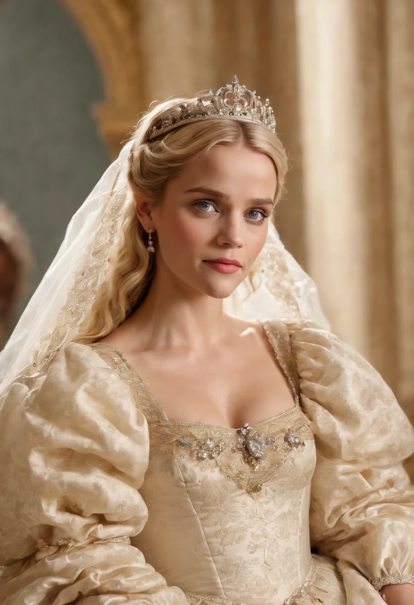 John Tenniel art, Formal and Official Coronation Portrait, Portrait of a stunningly beautiful young blonde Reese Witherspoon as a Queen wearing A Stately and Elaborate Royal Cinderella Court Gown with (((enormous puffed sleeves))), an hourglass waist, and a (((huge crinoline hoopskirt))) adorned with bows, embroidery, and jewels, long white gloves, pearl necklace and earrings