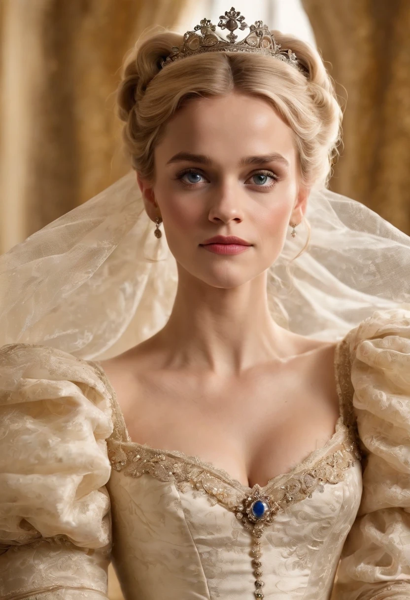 John Tenniel art, Formal and Official Coronation Portrait, Portrait of a stunningly beautiful young blonde Reese Witherspoon as a Queen wearing A Stately and Elaborate Royal Cinderella Court Gown with (((enormous puffed sleeves))), an hourglass waist, and a (((huge crinoline hoopskirt))) adorned with bows, embroidery, and jewels, long white gloves, pearl necklace and earrings