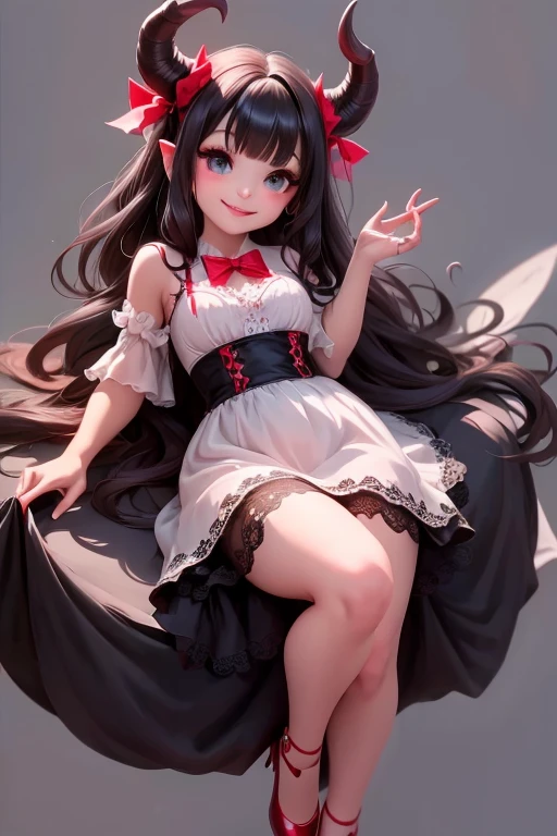 a (horned demon girl) smiling, wearing a lace cloth dress, black hair, red smokey eyes makeup, hair bow, lingerie, dramatic magic floating pose, (full body), (((sfw)))