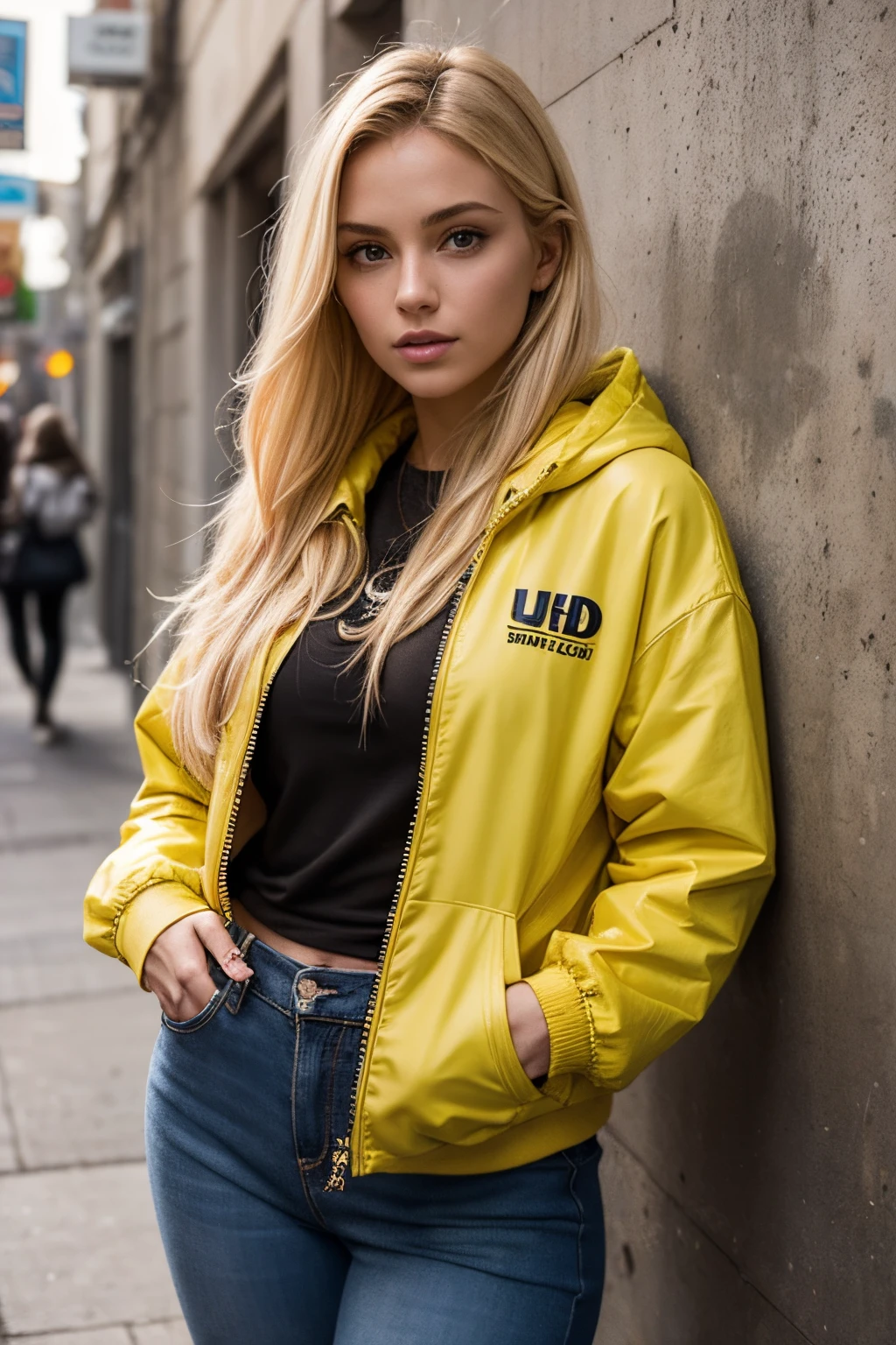 UHD, MASTERPIECE, blond woman with long hair wearing a yellow jacket and a black hoodie, a gorgeous blonde, attractive girl, 23 years old, in a street art discovery adventure, (street graffiti on wall in background:1.0), perfect body, perfect face, perfect hands, perfect hair