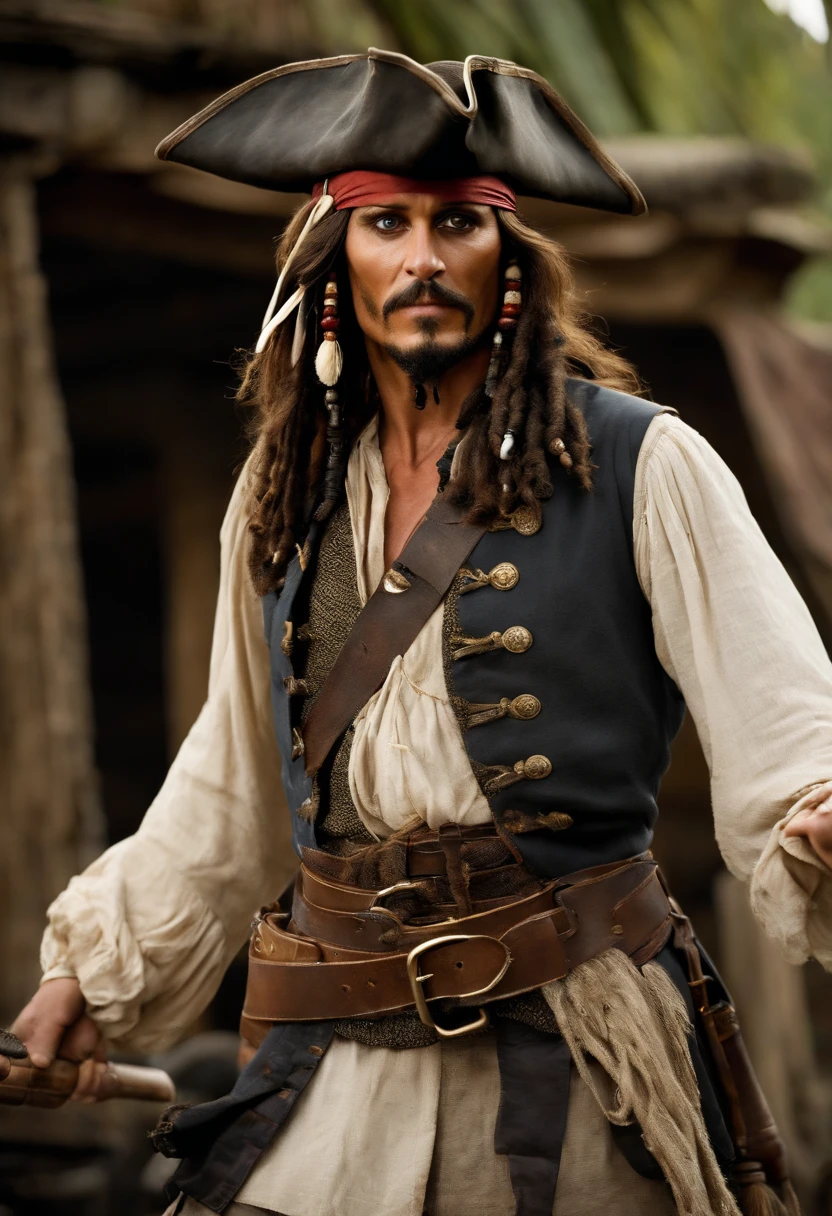 A photo of Jack Sparrow showcasing his sword fighting skills, engaging in a playful duel with a fellow crew member on the deck of the Black Pearl.,Pirates of the Caribbean: The Curse of the Black Pearl,
Jack Sparrow possesses a distinctive and memorable appearance, characterized by a blend of ruggedness, eccentricity, and a touch of flamboyance.

1. Facial Features: Jack's countenance is weathered and tanned, reflecting a life spent sailing under the sun. He has a well-defined jawline, typically adorned with a scruffy, unkempt beard that frames his face. His cheekbones are high, lending an air of sharpness to his features.

2. Hair: Jack's hair is long, dark, and unruly, falling in loose, wavy locks that cascade past his shoulders. His hair is often adorned with beads, trinkets, and small braids, giving it an eclectic and pirate-like flair.

3. Eyes: Jack's most striking feature is his intense, dark eyes, which hold a mischievous glint and a hint of mystery. They are framed by slightly arched eyebrows, adding to his enigmatic allure.

4. Accessories: Jack Sparrow is known for his eclectic array of accessories. He adorns his head with a worn, tricorn pirate hat, typically adorned with feathers or other embellishments. On his face, he sports a variety of smudged and smoky eye makeup, giving him a rakish and slightly disheveled appearance. His ears are often adorned with gold hoop earrings and other ornaments, adding to his pirate aesthetic.

5. Clothing Style: Jack's clothing style is a unique blend of tattered elegance and pirate flair. He wears layers of mismatched, worn garments that reflect his bohemian nature. His ensemble often includes a loosely fitted, open-front vest or jacket, adorned with intricate embroidery, fringes, and beaded details. Underneath, he dons a stained and rumpled, off-white linen shirt with billowy sleeves. Around his waist, he sports a wide leather belt with a large, ornate buckle. His trousers are loose and baggy, typically made of worn and faded fabrics. Completing his attire, he wears tall leather boots, scuffed and worn from countless adventures at sea.

6. Jewelry and Trinkets: Jack Sparrow is known for his love of accessories. He adorns himself with an assortment of necklaces, rings, and bracelets, often featuring charms, beads, coins, and other artifacts collected from his journeys. These trinkets jingle and clink as he moves, adding to his charismatic presence.

7. Swagger and Posture: Jack carries himself with a unique swagger, a graceful yet somewhat unsteady gait that reflects his carefree and unpredictable nature. His posture is relaxed, yet he exudes an air of confidence and self-assurance.

8. Complexion: Jack Sparrow's complexion is weathered and sun-kissed, bearing the marks of a life spent at sea. His skin has a slightly rough texture, indicative of exposure to the elements. Faint lines and wrinkles around his eyes and forehead hint at the experiences and hardships he has endured.

9. Teeth: Jack's teeth are a notable feature, often shown as discolored and uneven, reflecting a lack of proper dental care. Some of his teeth are missing, adding to his rugged and slightly unkempt appearance. However, despite their imperfections, his teeth are surprisingly functional, allowing him to flash a charismatic and mischievous grin.

10. Scars and Tattoos: Jack Sparrow's body is adorned with various scars and tattoos, each with its own story to tell. Scattered across his torso, arms, and back, these marks serve as reminders of past battles, encounters, and personal journeys. His tattoos, often faded and partially obscured, add an air of mystery and intrigue to his overall appearance.

11. Hands and Fingers: Jack's hands are weathered and calloused, a testament to a life of adventure and manual labor. His fingers are nimble and dexterous, capable of handling intricate tasks such as manipulating his beloved compass or wielding a sword with finesse.

12. Slight Dishevelment: Jack Sparrow's overall appearance carries an intentional sense of dishevelment. His clothing is intentionally rumpled and worn, with loose threads and frayed edges adding to his bohemian charm. His hair, although long and flowing, is intentionally unkempt, giving him a carefree and rebellious air.

13. Scent: A subtle scent of saltwater, mixed with a hint of rum and the faint aroma of exotic spices, lingers around Jack Sparrow. The combination of sea breeze, his own unique musk, and the scents of the places he has visited create an intriguing olfactory aura that accompanies his presence.

14. Body Language: Jack's body language is a key part of his overall appearance. He carries himself with a slightly slouched posture, giving off an air of nonchalance and relaxation. His movements are agile and fluid, reflecting both his experience as a sailor and his natural grace. He has a tendency to gesture with his hands while speaking, emphasizing his words and adding flair to his storytelling.

Jack's hair is long, dark, and possesses a wild, untamed quality that perfectly complements his roguish persona. It falls in loose, wavy locks that cascade past his shoulders, framing his face and adding to his air of rebellion and adventure.

The texture of Jack's hair is naturally thick and slightly coarse, giving it a rugged and tousled appearance. It appears to have a natural wave to it, creating a sense of movement even when he is still. His hair has a slightly unkempt quality, as though he rarely bothers with formal grooming routines.

While primarily dark in color, Jack's hair may also exhibit hints of deep brown or even strands of silver, indications of his age and the many experiences he has encountered throughout his life.

To further accentuate his pirate-like aesthetic, Jack adorns his hair with various accessories. Beads, trinkets, and small braids are often woven into his locks, adding a touch of eccentricity and individuality. These adornments dangle and sway with his movements, creating an audible jingle that further adds to his bohemian charm.

Despite its disheveled appearance, Jack's hair possesses a certain allure. It adds an air of nonconformity and a sense of carefree rebellion to his overall persona. His long, flowing locks become a visual representation of his untamed spirit and his refusal to adhere to societal norms.


Jack's ensemble consists of layers of mismatched and worn garments, reflecting his unconventional and free-spirited nature. His clothing exudes an air of adventure and captures the essence of a swashbuckling pirate captain. 

Starting from the top, Jack often wears a weathered tricorn pirate hat. The hat is typically made of worn leather or fabric, with a wide brim that is slightly bent and adorned with feathers or other embellishments. It has a well-loved, lived-in appearance, reflecting Jack's countless escapades.

On his face, Jack sports smudged and smoky eye makeup, giving him a rakish and slightly disheveled look. The makeup adds to his mysterious aura and enhances his mischievous gaze.

Jack's upper body is typically adorned with a loosely fitted, open-front vest or jacket. The garment is often made of worn and faded fabrics, such as leather, canvas, or velvet. It may feature intricate embroidery, fringes, or beaded details, showcasing his bohemian sense of style. The jacket has a well-worn appearance, with patches and repairs that bear testament to his adventurous lifestyle.

Underneath the vest or jacket, Jack wears a stained and rumpled, off-white linen shirt. The shirt has billowy sleeves that gather at the wrists, adding a touch of romanticism to his attire. The fabric is lightweight and breathable, suitable for the warm climates often encountered during his seafaring journeys.

Around his waist, Jack sports a wide leather belt with a large, ornate buckle. The belt serves both as a practical accessory and a fashion statement. It helps secure his trousers and provides a place to hang his various tools and weapons, such as his trusty compass or a small dagger.

Jack's trousers are loose-fitting and slightly baggy, allowing for ease of movement. They are typically made of worn and faded fabrics, such as linen or canvas, and may feature patches or repairs. The trousers often taper at the ankles and are tucked into his tall leather boots.

Completing his ensemble, Jack wears tall leather boots that have seen their fair share of adventures. The boots are scuffed and worn, reflecting the wear and tear of life at sea. They provide both protection and stability, enabling Jack to navigate various terrains with ease.

Overall, Jack Sparrow's clothing style combines elements of ruggedness, eccentricity, and a hint of romanticism. His attire reflects his bohemian spirit, his seafaring lifestyle, and his refusal to conform to societal norms. The combination of mismatched layers, worn fabrics, and unique accessories creates a visually striking and iconic look for the legendary pirate captain.