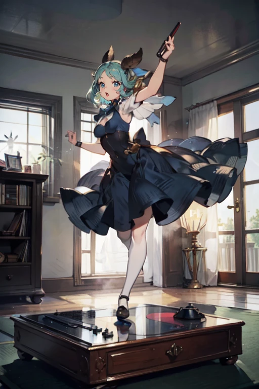 a room、 top-quality, Poses, Correct anatomy, Beautiful body curves, Sketch beech, Daily Draw, vestments, Pencil、black-and-white、monochromes、woman playing a record、Vintage、Wearing a dress、Granblue Fantasy
