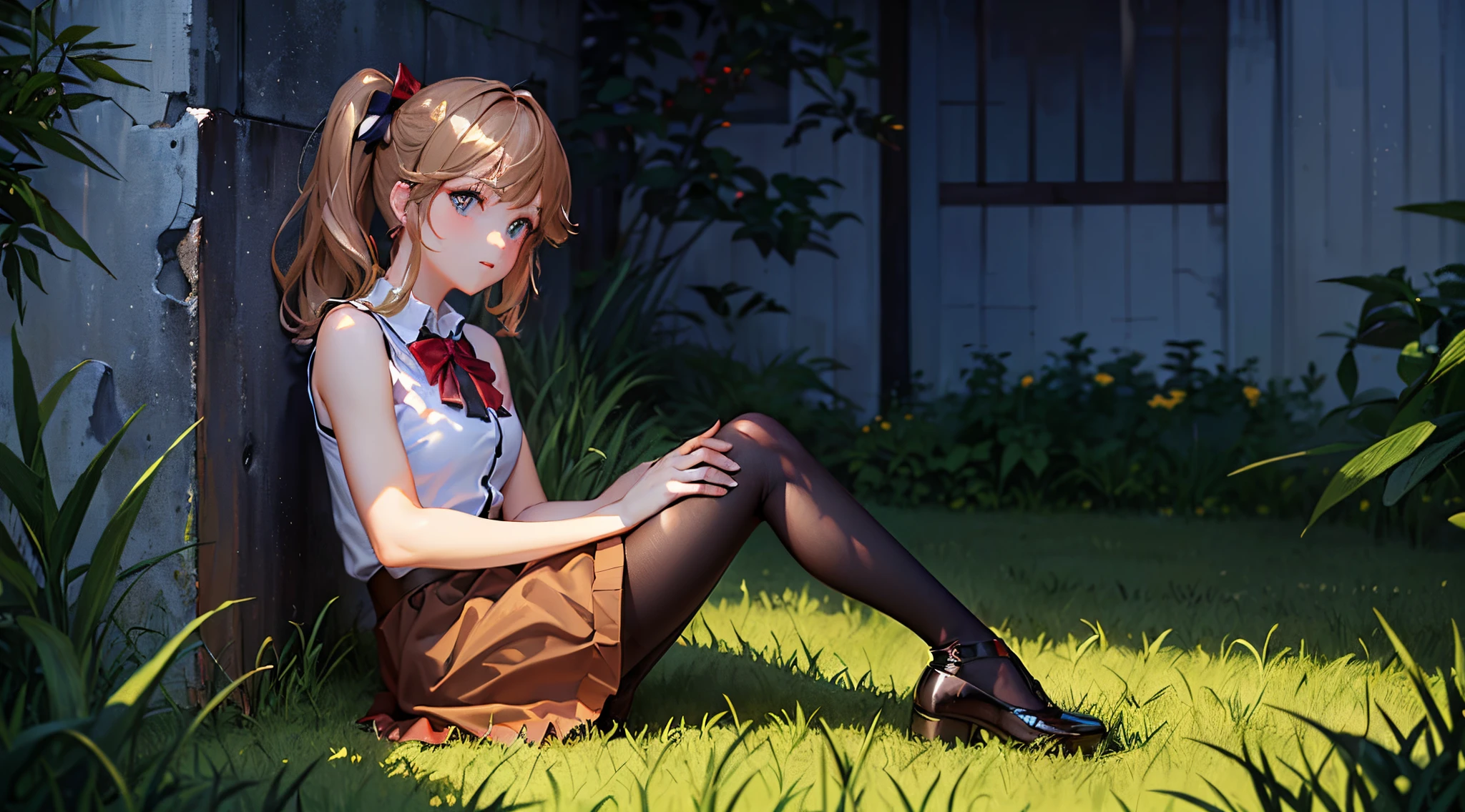 (top-quality: 1.3)、(masterpiece: 1.3)、(The ultra-detailliert: 1.3)、(wall-paper, one girls)、(White sleeveless collared shirt:1.3)、(Black Mini Flared Skirt:1.3)、(Brown pantyhose:1.3)、cute red bow, (Red bow tie:1.3)、(Brown hair)、Medium Hair、(poneyTail)、ponytail、a park、ssmile、sit with your legs open on the grass